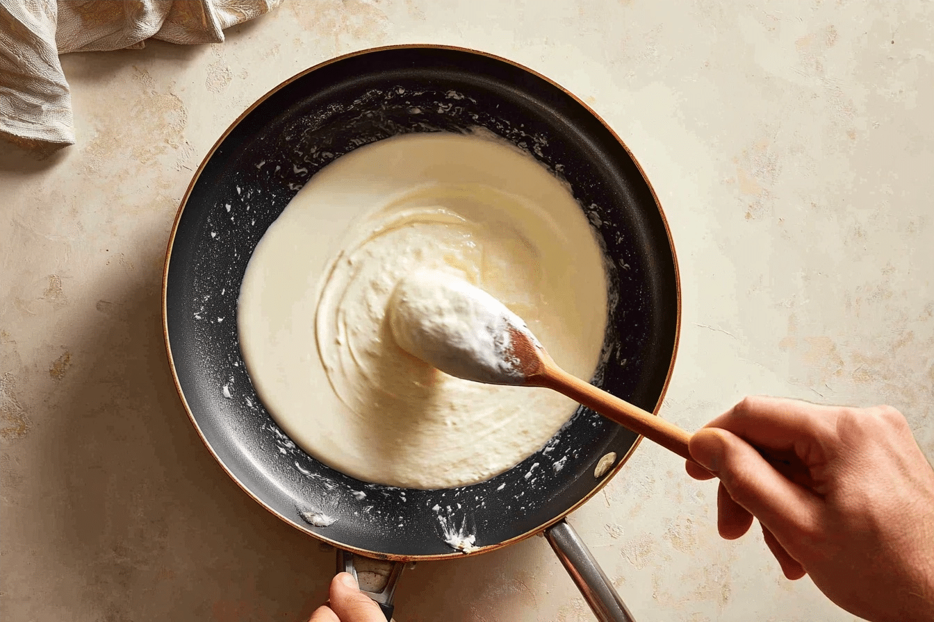 pouring cottage cheese crepe batter into skillet