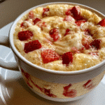 Cottage cheese strawberry cheesecake mug cake in white mug