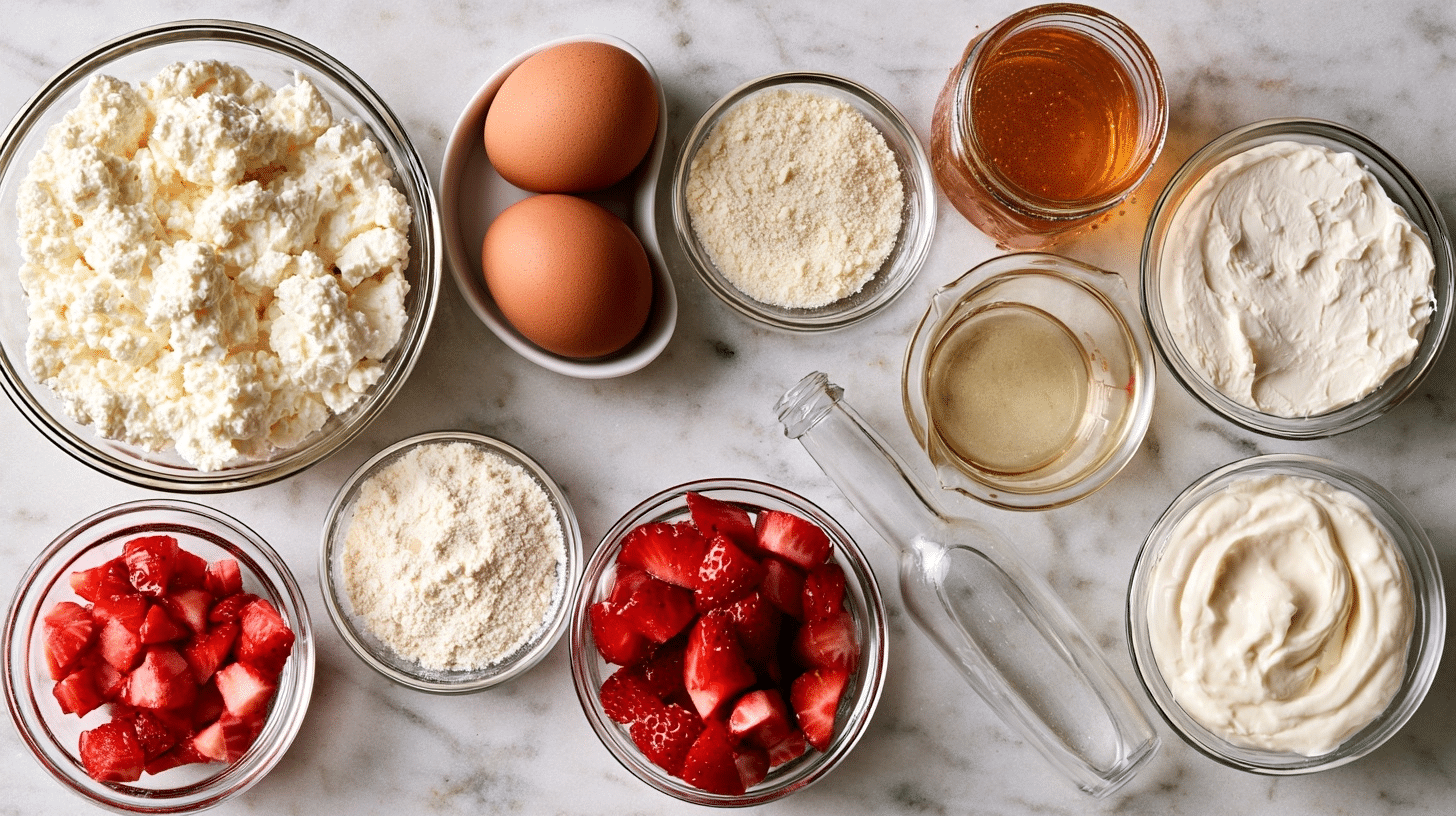 Ingredients for cottage cheese strawberry cheesecake mug cake laid out on counter