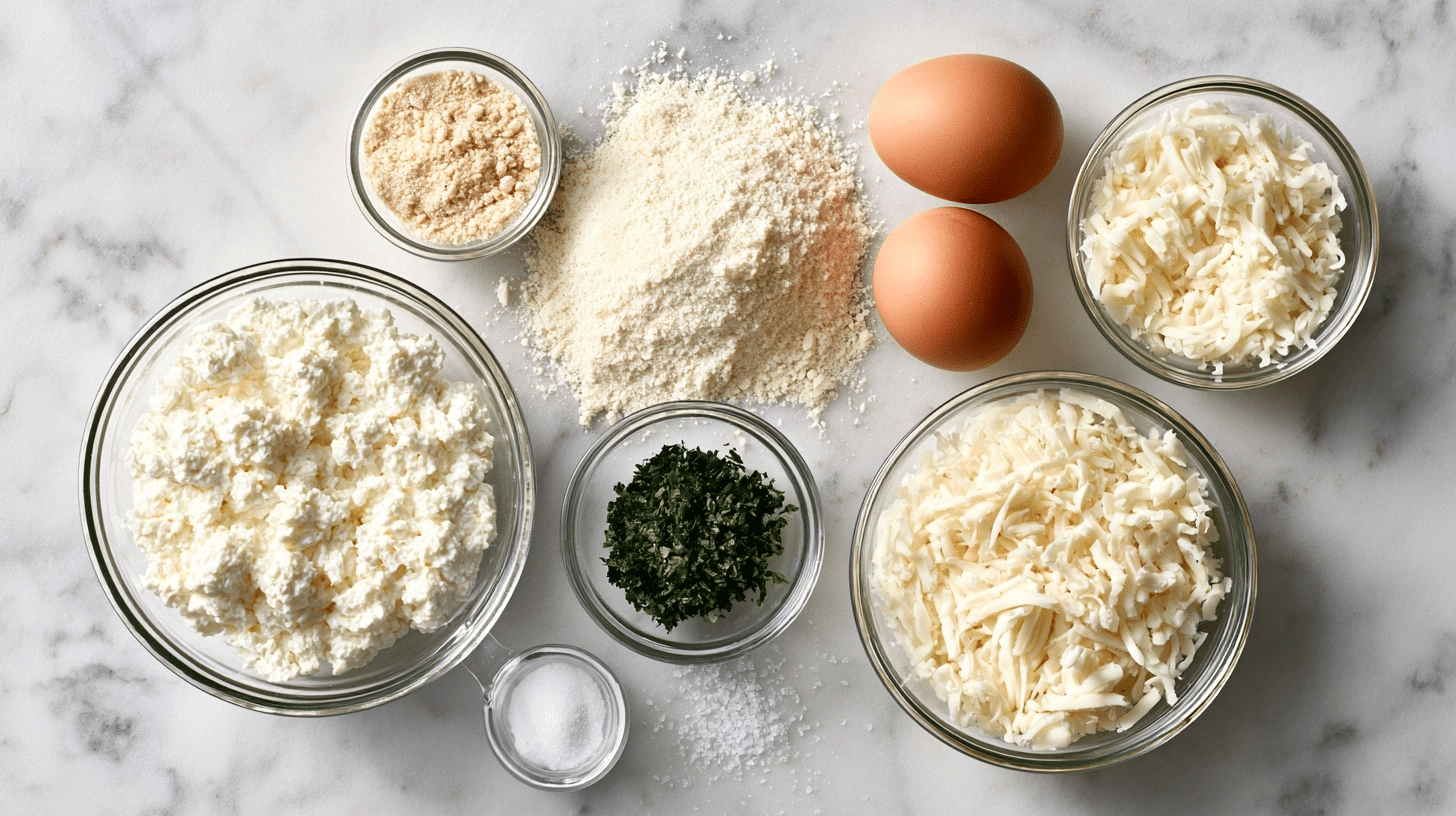 Ingredients for cottage cheese rolls laid out on marble