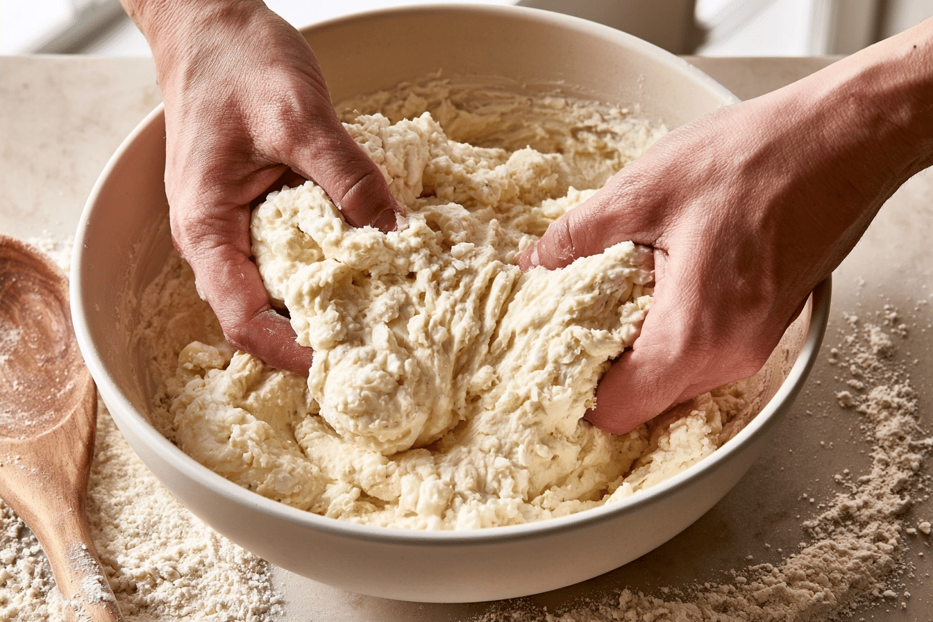 Step-by-step mixing of cottage cheese roll dough
