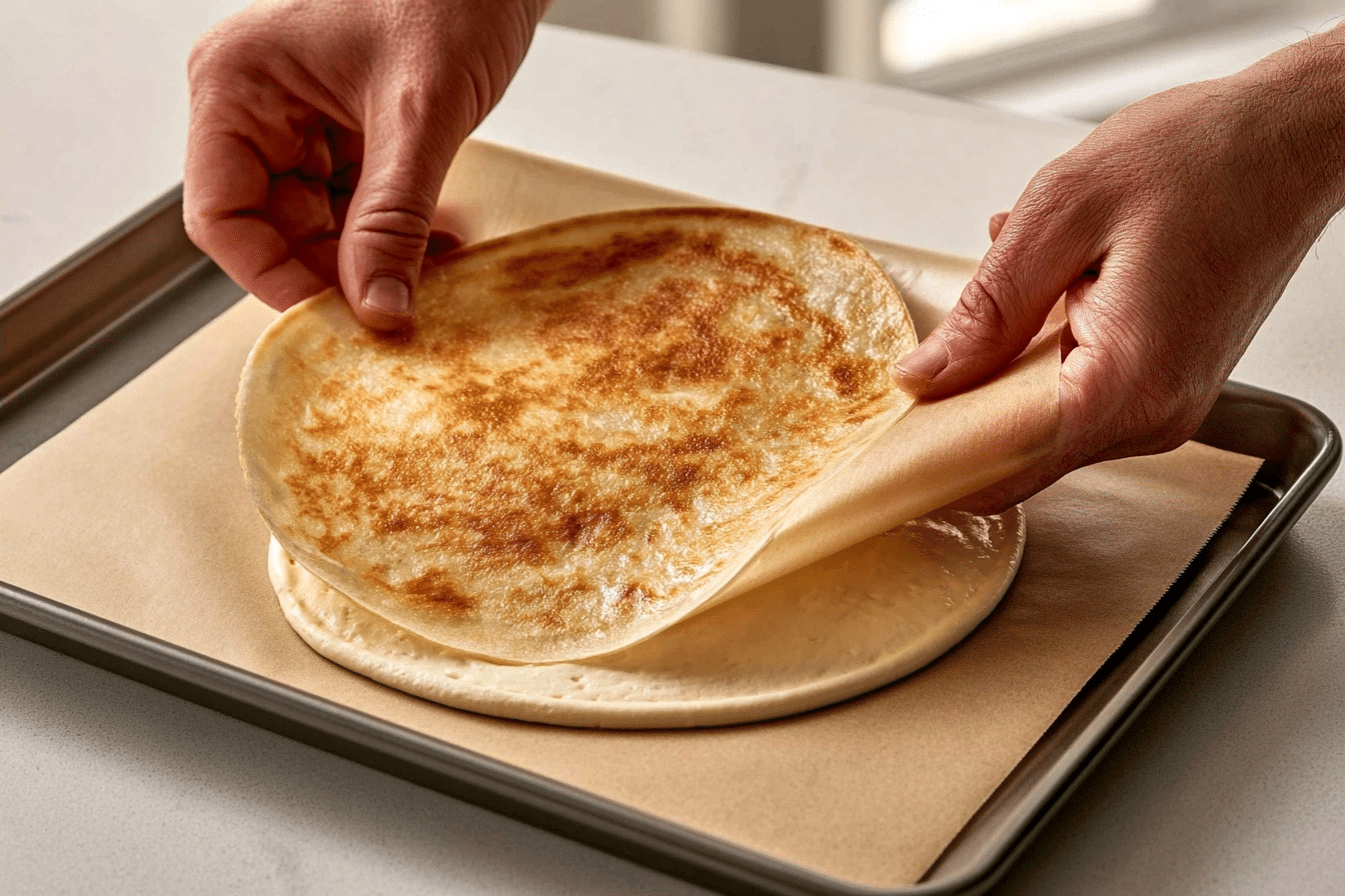 spreading cottage cheese wrap batter on parchment