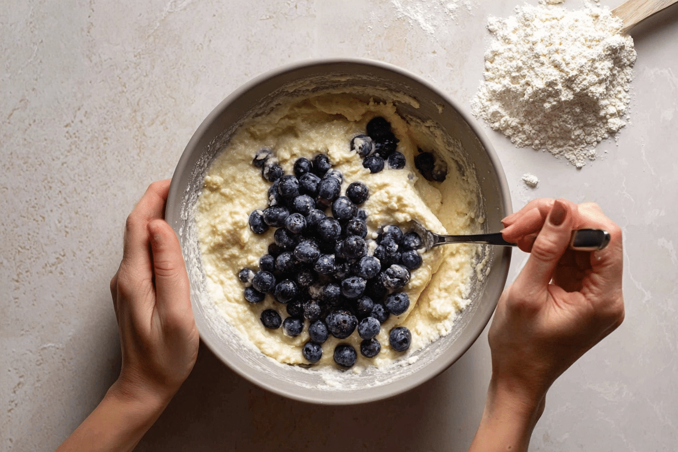 spooning cottage cheesecake batter into muffin tin
