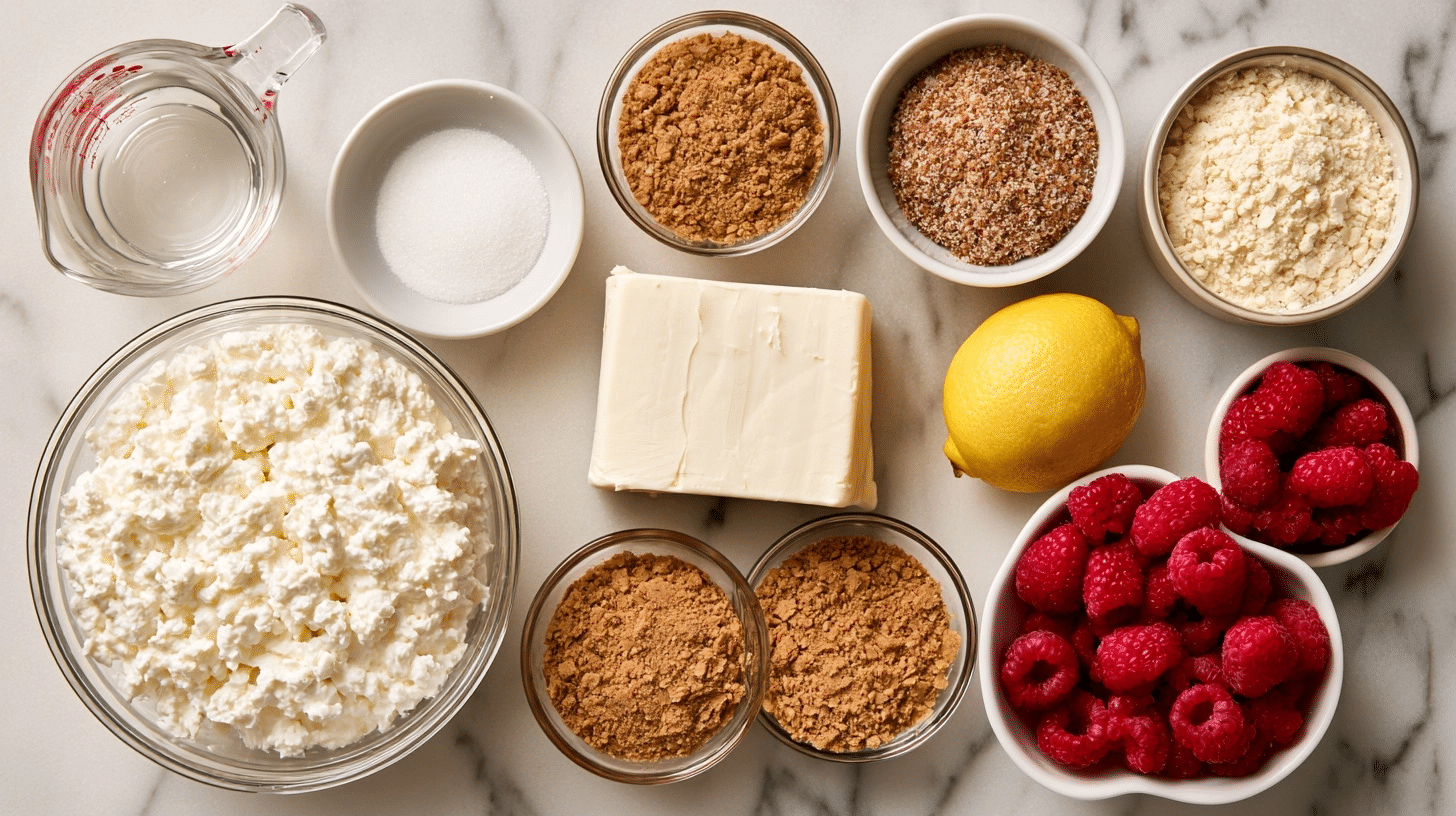 ingredients for cottage cheesecake laid out on counter