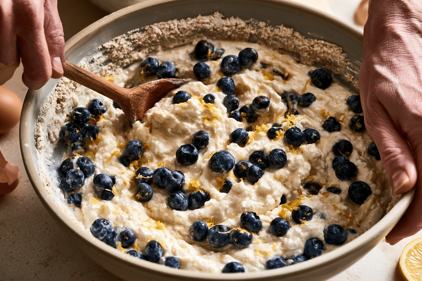 measured ingredients for cottage loaf including cottage cheese, oat flour, blueberries, eggs, honey, lemon zest, vanilla, and baking powder
