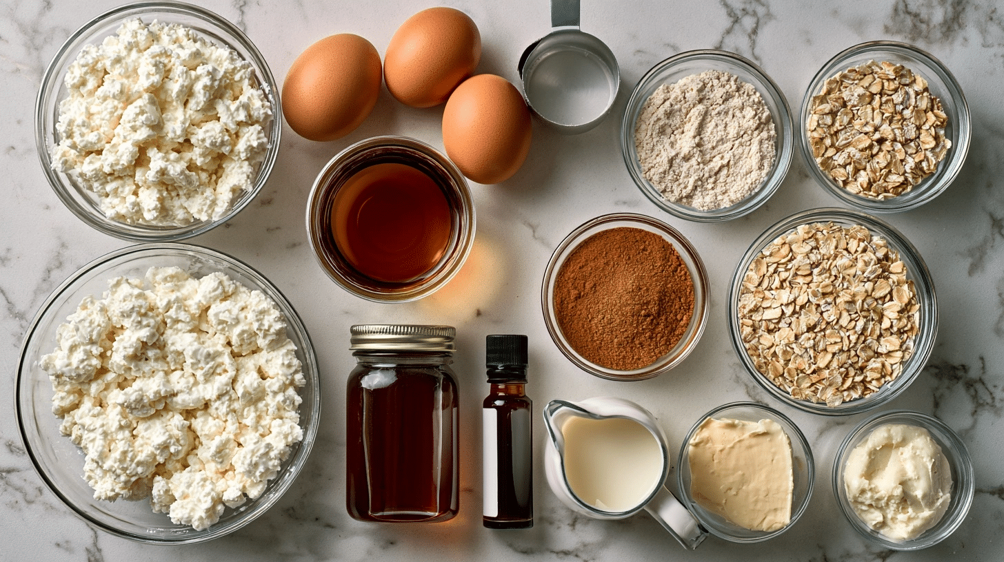 All ingredients laid out for cottage oatmeal measured ingredients for cottage oatmeal