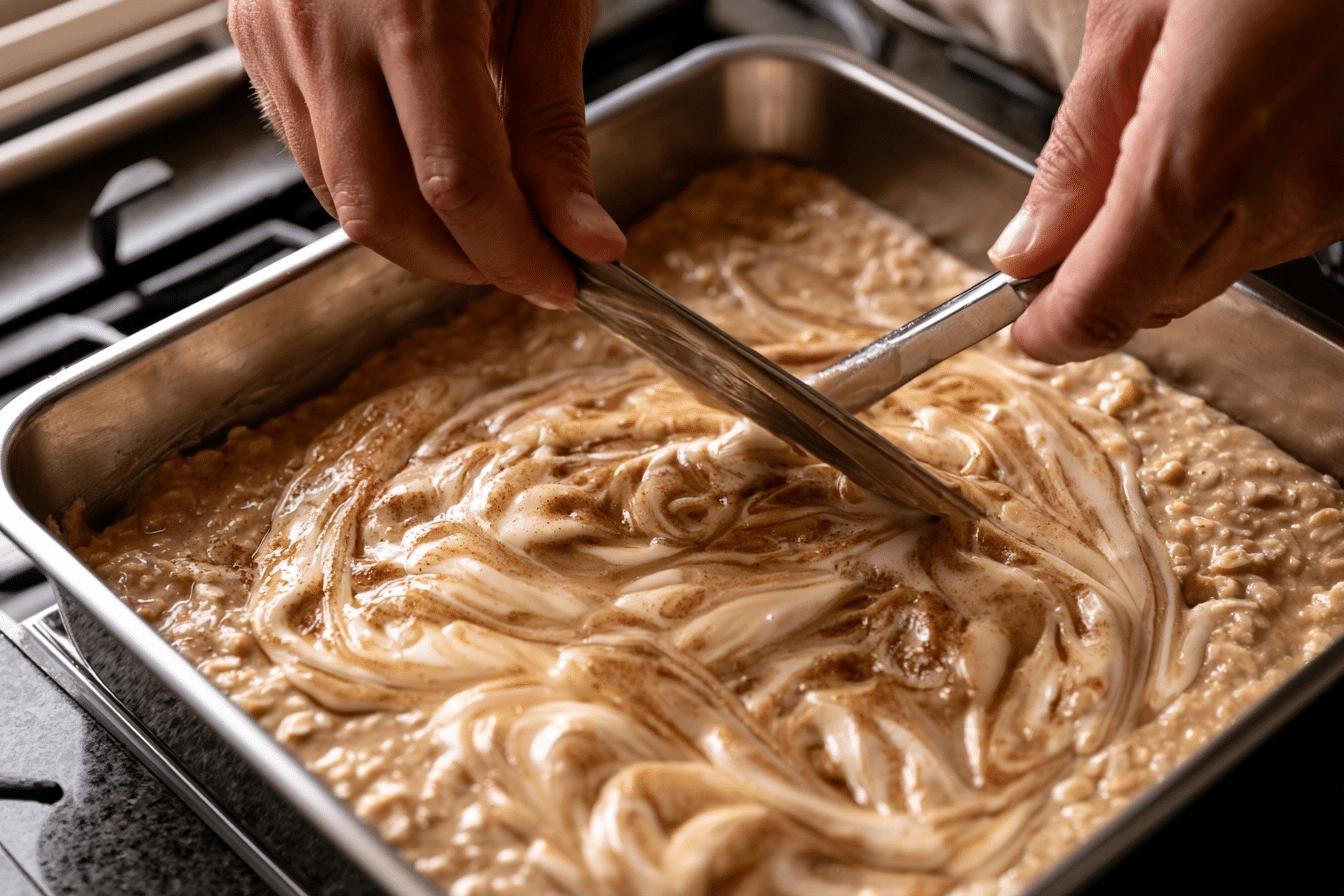 Cream cheese swirl added to cottage oatmeal cottage oatmeal batter being swirled