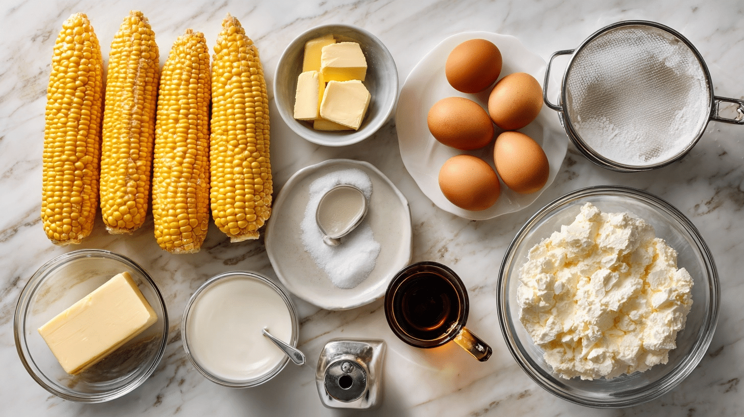 ingredients for corn flan laid out on marble