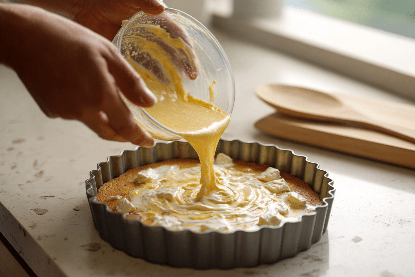 pouring corn flan batter into caramel-lined mold