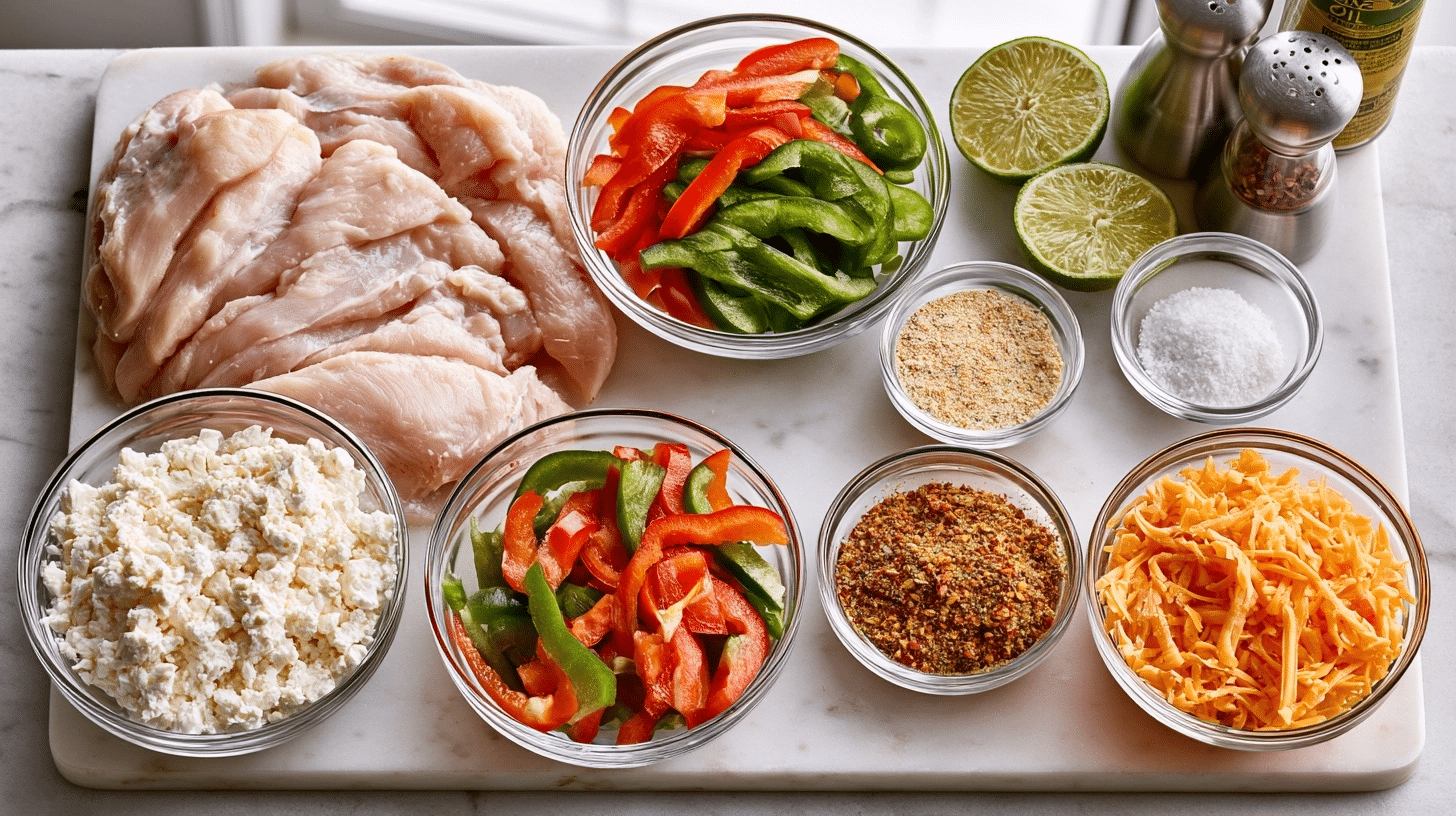 ingredients for fajita rolls laid out on marble