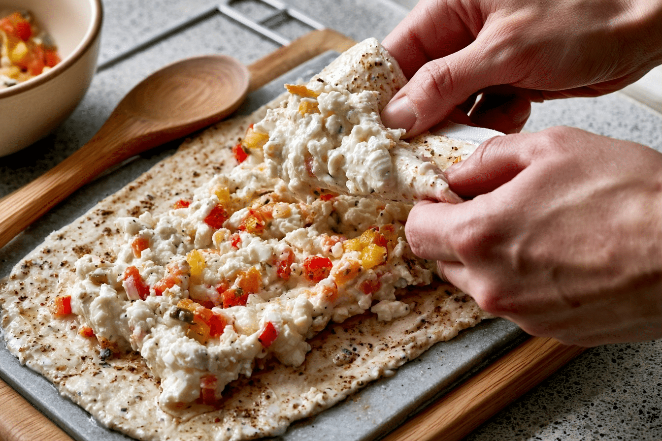 rolling chicken around filling for fajita rolls