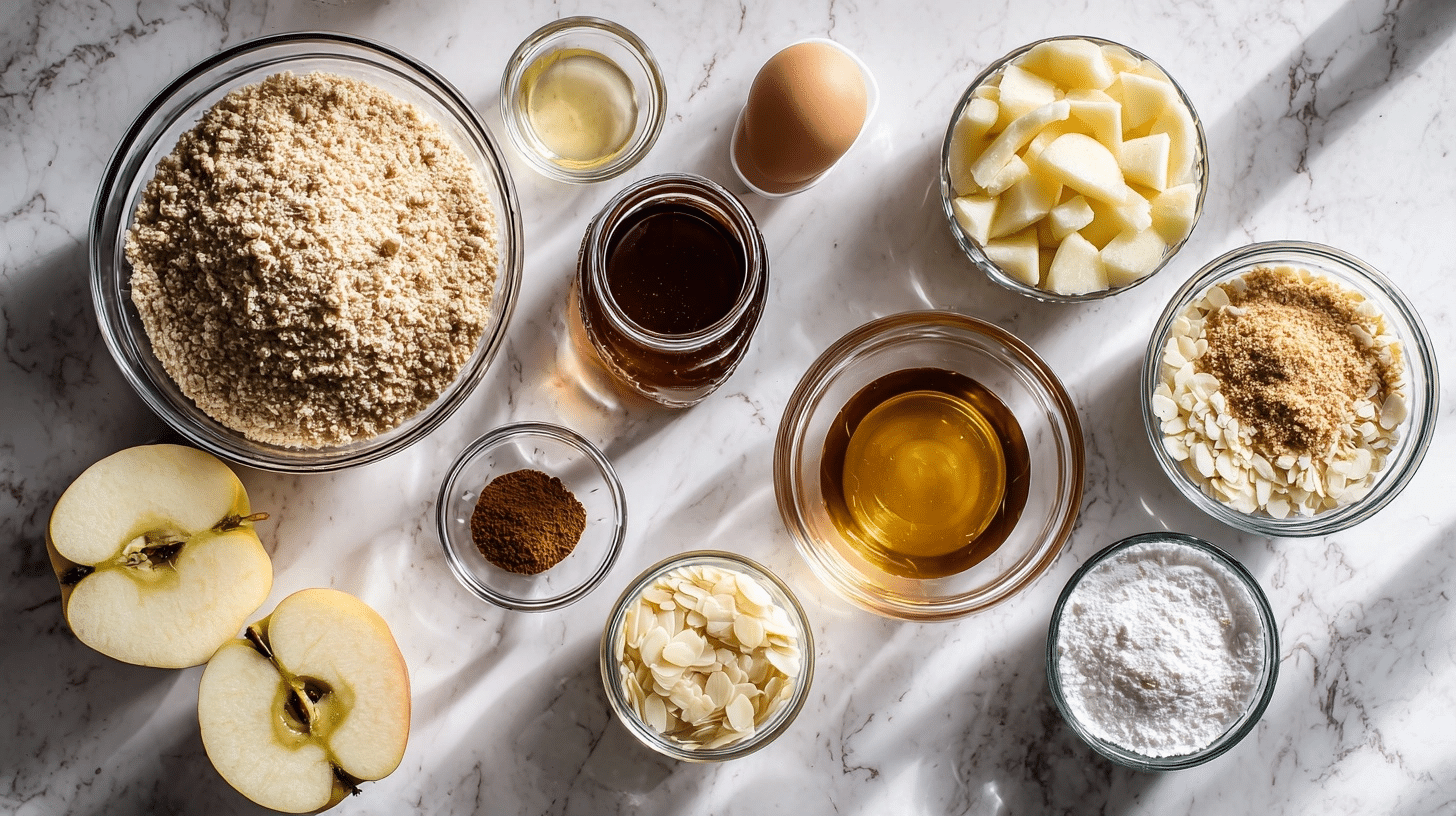 Almond Tart Ingredients Measured ingredients for the almond tart laid out on marble: almond flour, apples, honey, egg, cinnamon