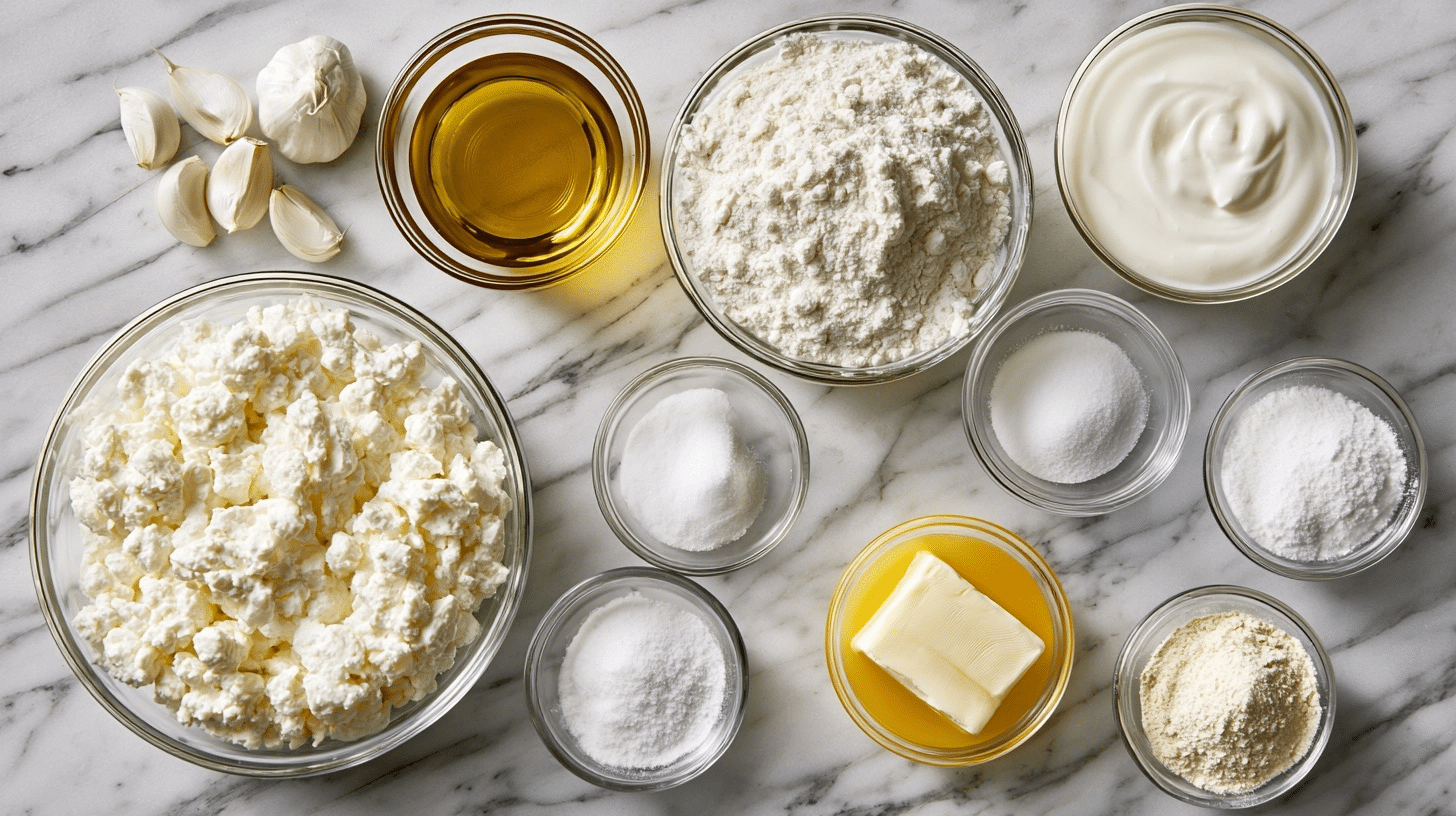 measured ingredients for garlic naan including cottage cheese and flour