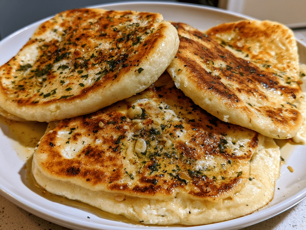 rolling and cooking garlic naan in a cast iron skillet