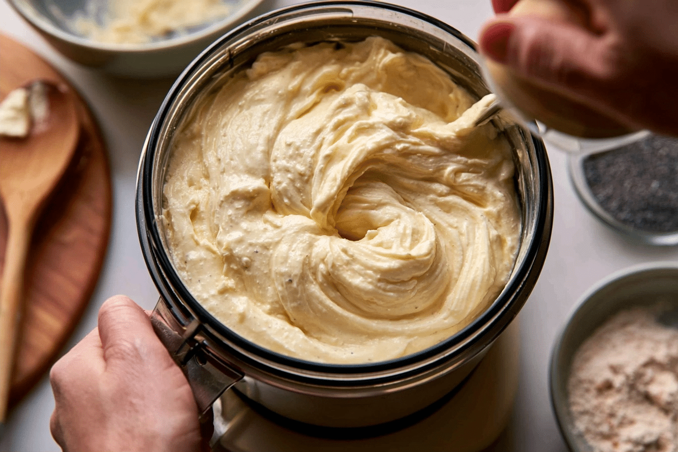 Preparing Lemon Cake lemon cake batter in pan