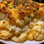 mac cheese bake in white casserole dish