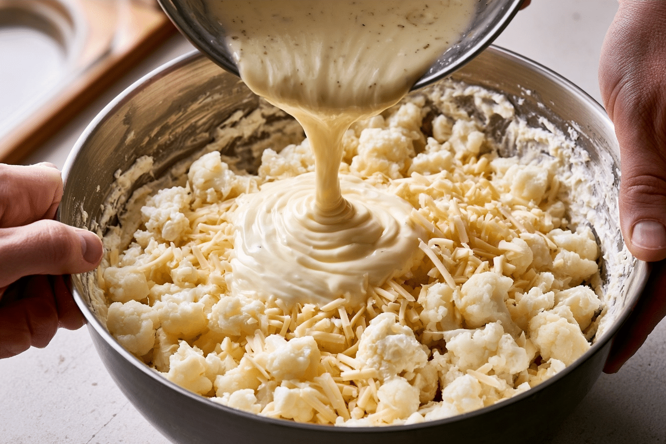 mixing cauliflower with cheese sauce for mac cheese bake
