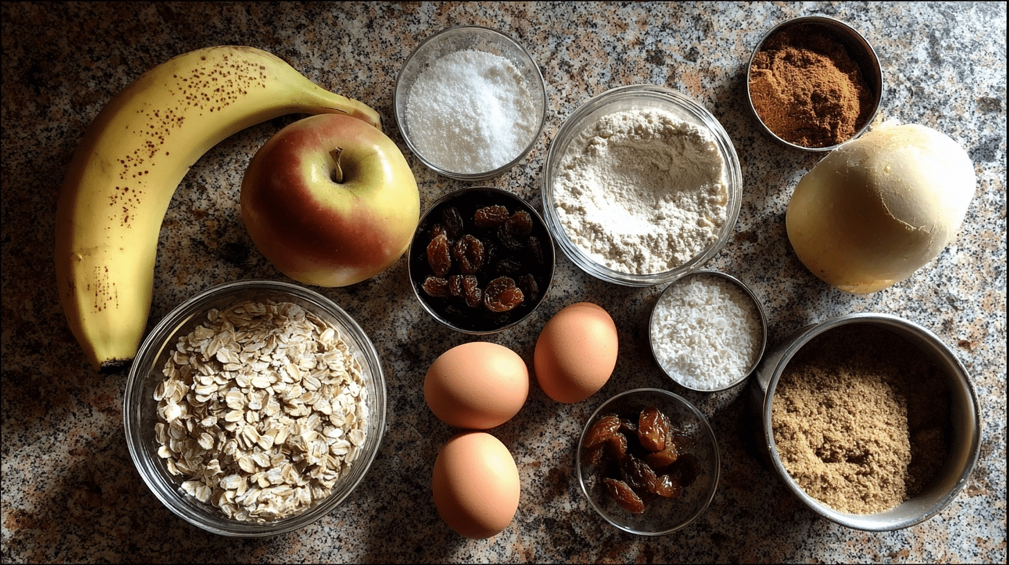 Measured ingredients for oat muffins including oats, apple, banana, eggs, and raisins