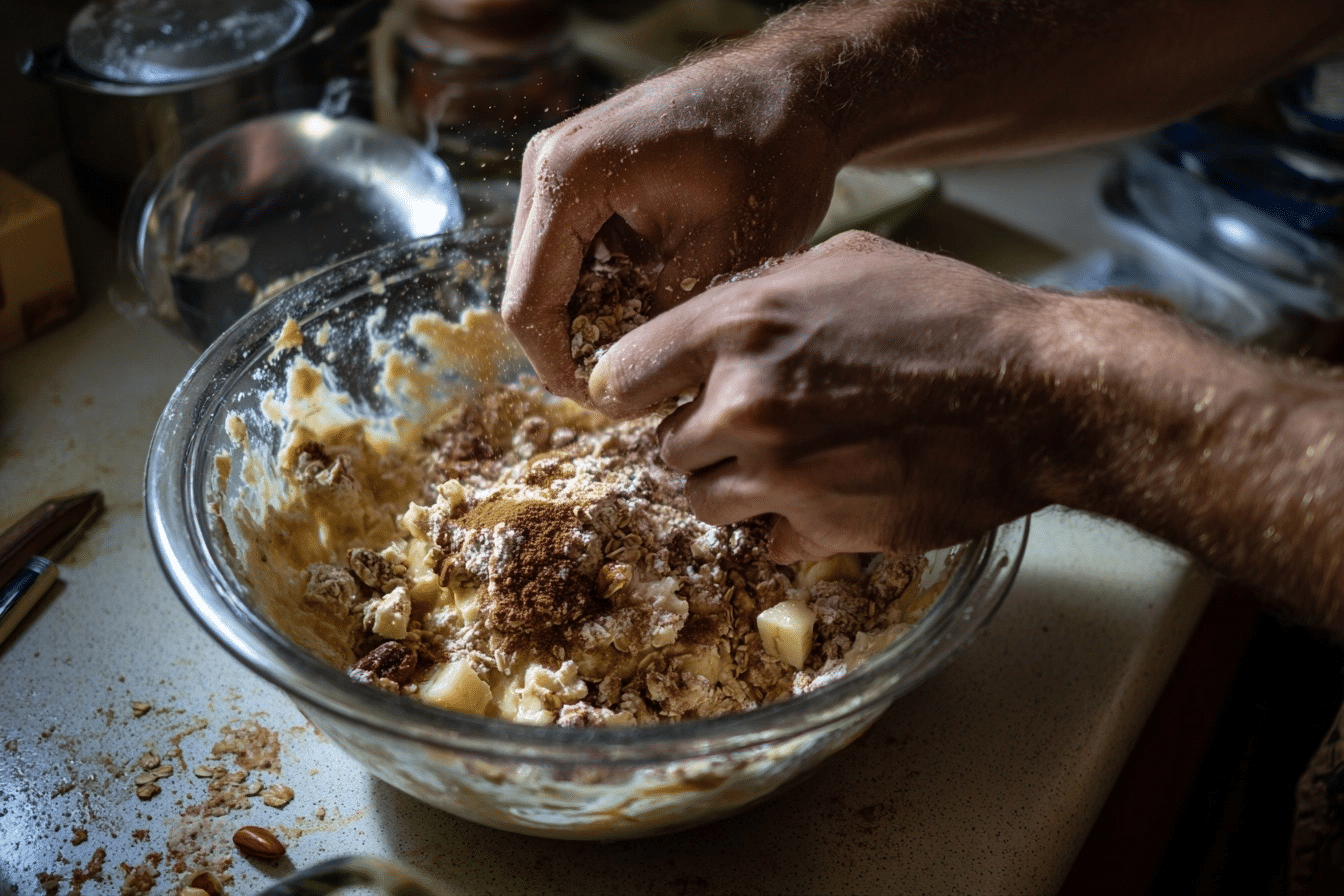 Spooning oat muffin batter into a mini muffin tray