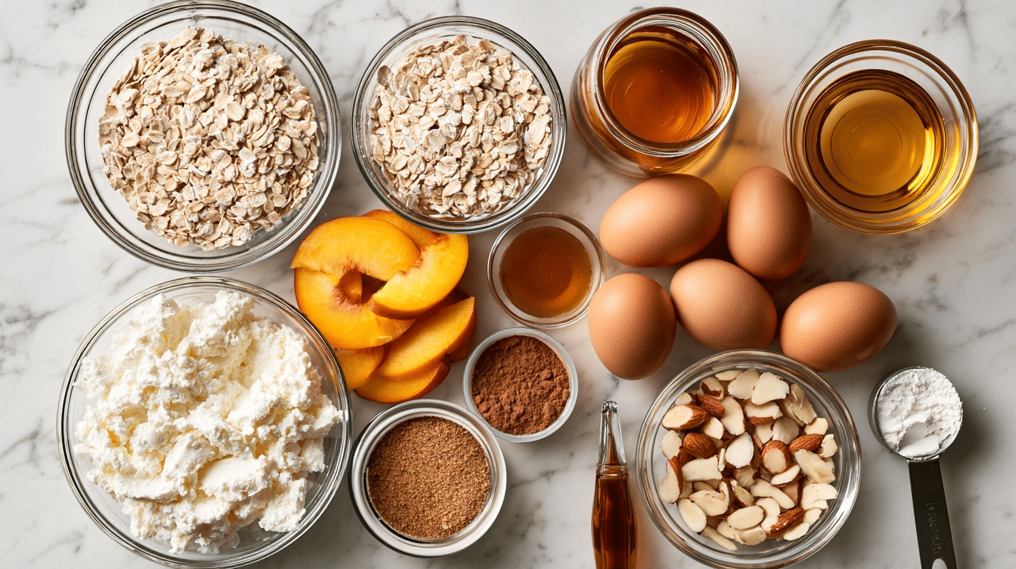 All ingredients laid out measured ingredients for peach cobbler breakfast bake