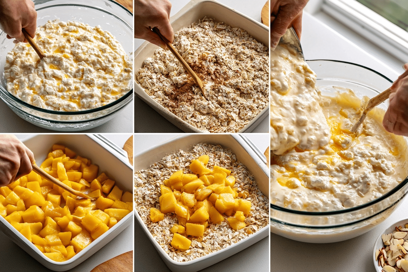 Batter mixed and ready to bake step-by-step peach cobbler breakfast bake process