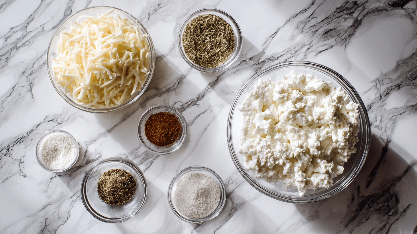 Cottage cheese, shredded cheese, and ranch seasoning measured for protein bites