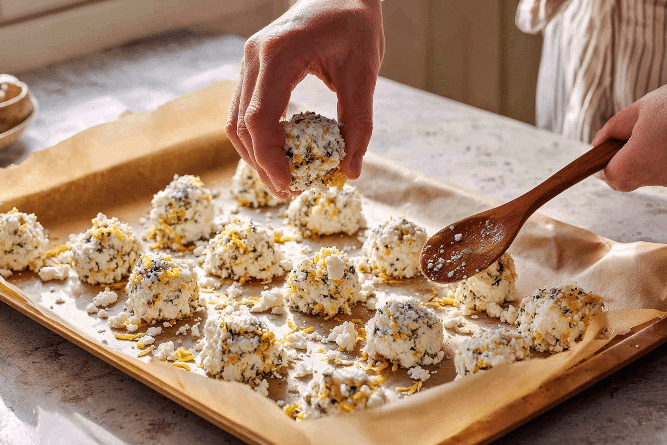 Scooping mixture onto a parchment-lined baking sheet for protein bites
