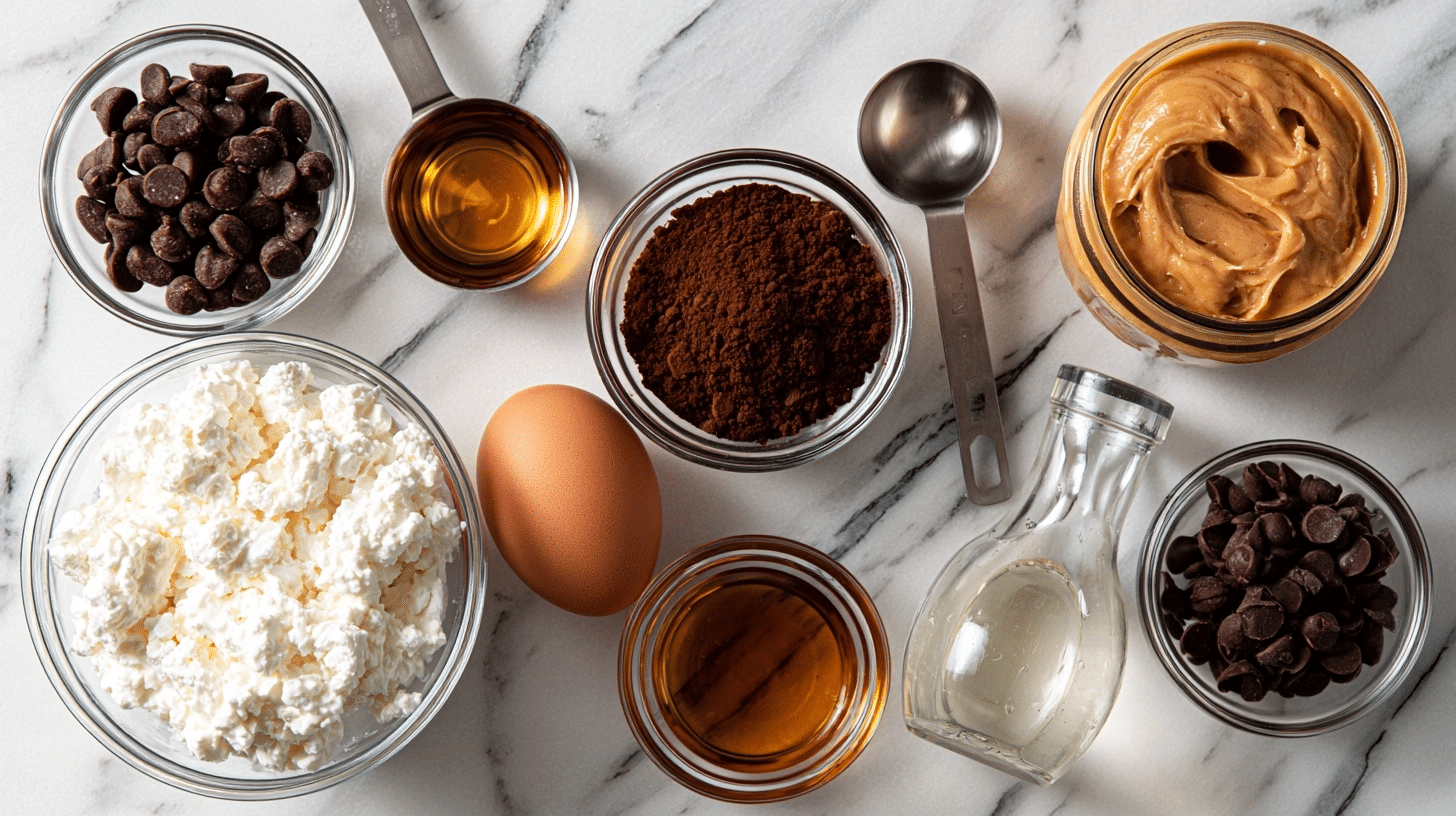 cottage cheese, cocoa powder, egg, and maple syrup ingredients for mug cake