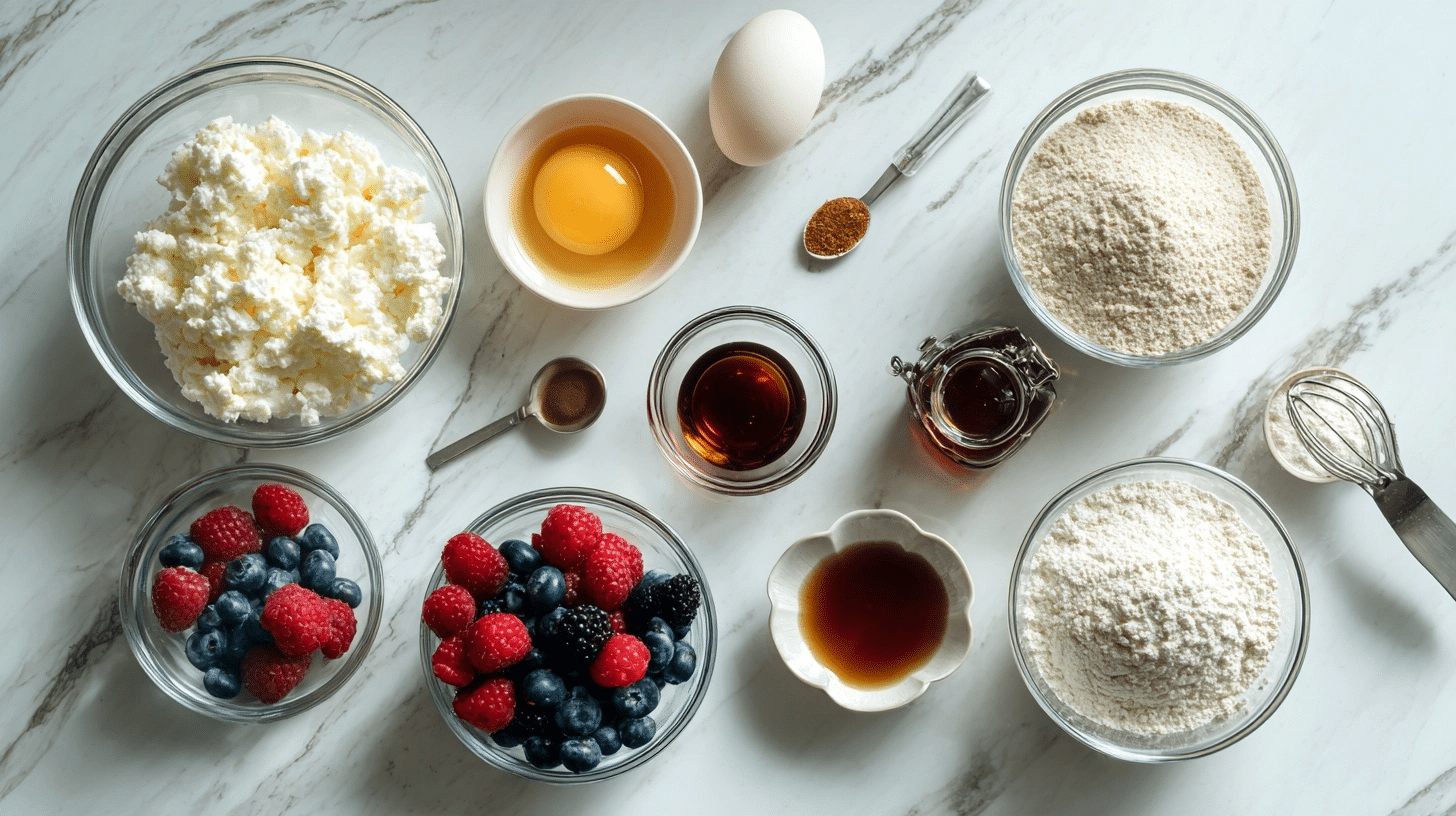 Measured ingredients for vanilla bean cottage cheese mug cake