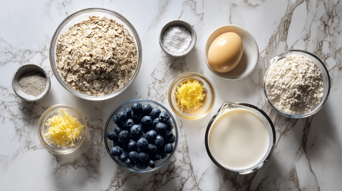 measured ingredients for blueberry mug cake on a wooden board