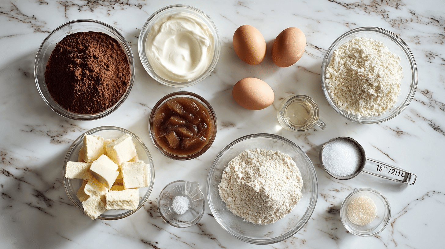 Yogurt Brownies Ingredients ingredients for yogurt brownies laid out