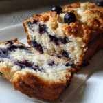 blueberry loaf sliced on cutting board