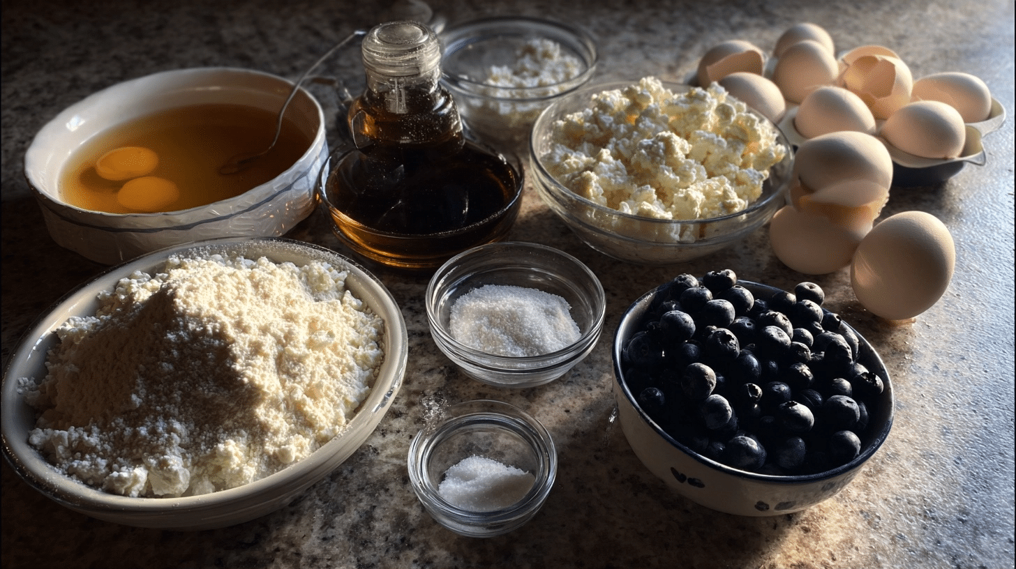 measured ingredients for blueberry loaf