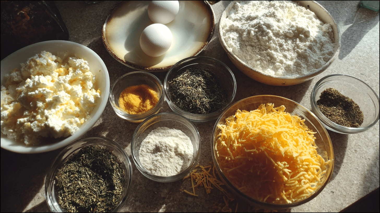Cottage Cheese Bagels Ingredients measured ingredients for cottage cheese bagels on a marble counter