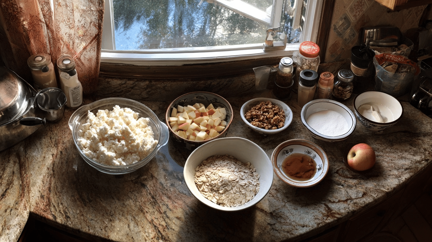 All Ingredients Ready to Mix measured ingredients for cottage cheese bake