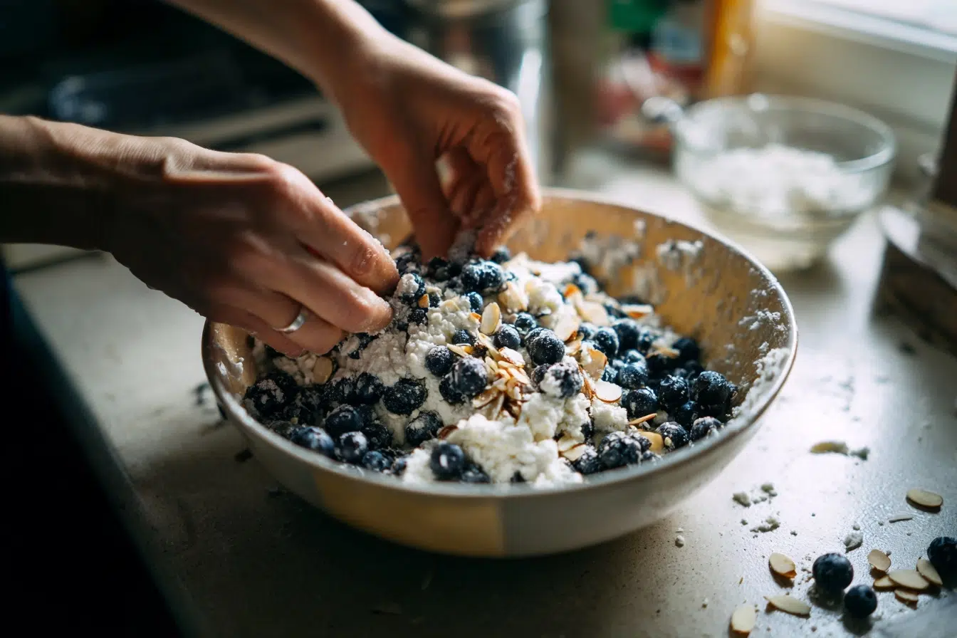 pouring cottage cheese bake batter into dish