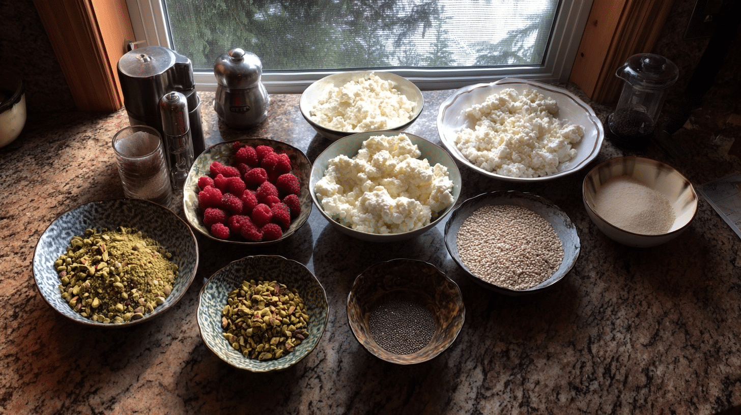 ingredients for cottage cheese bars laid out on marble
