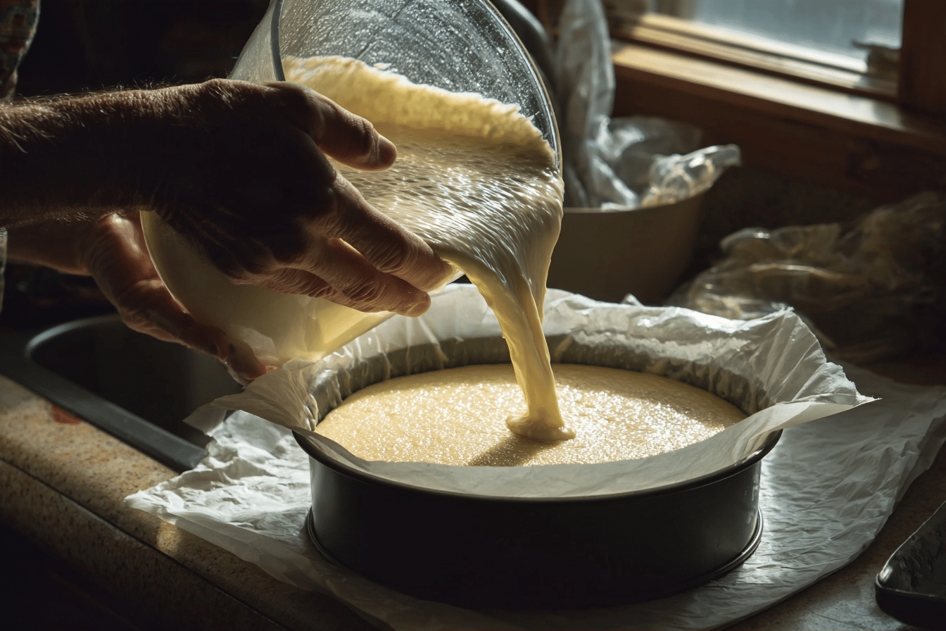 pouring cottage cheese cake batter into pan