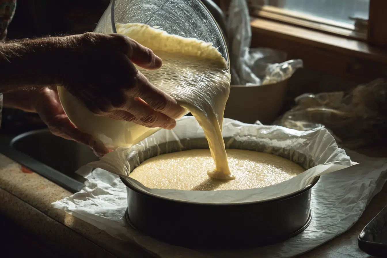 pouring cottage cheese cake batter into pan