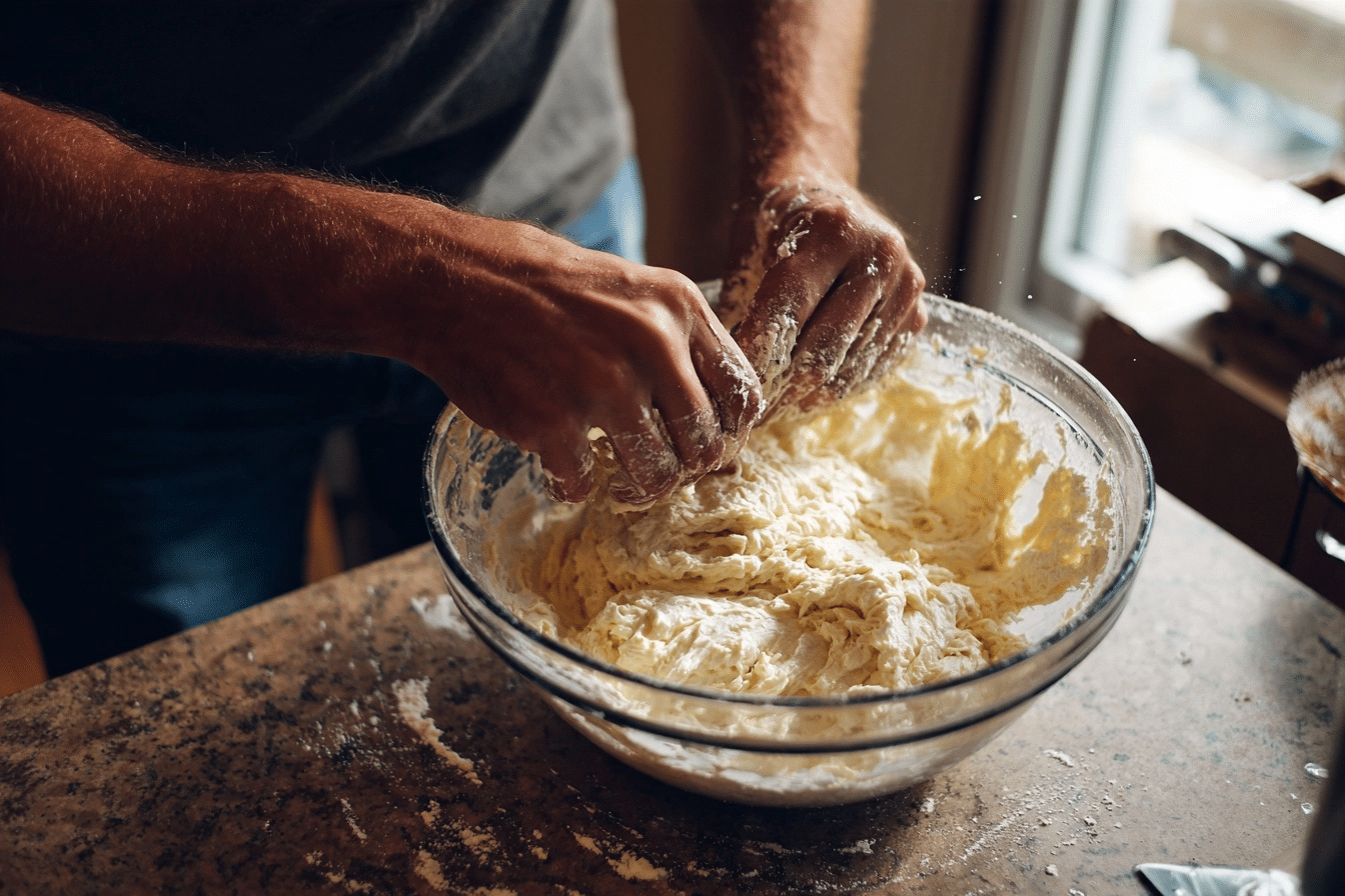 pressing cottage cheese flatbread dough on baking sheet
