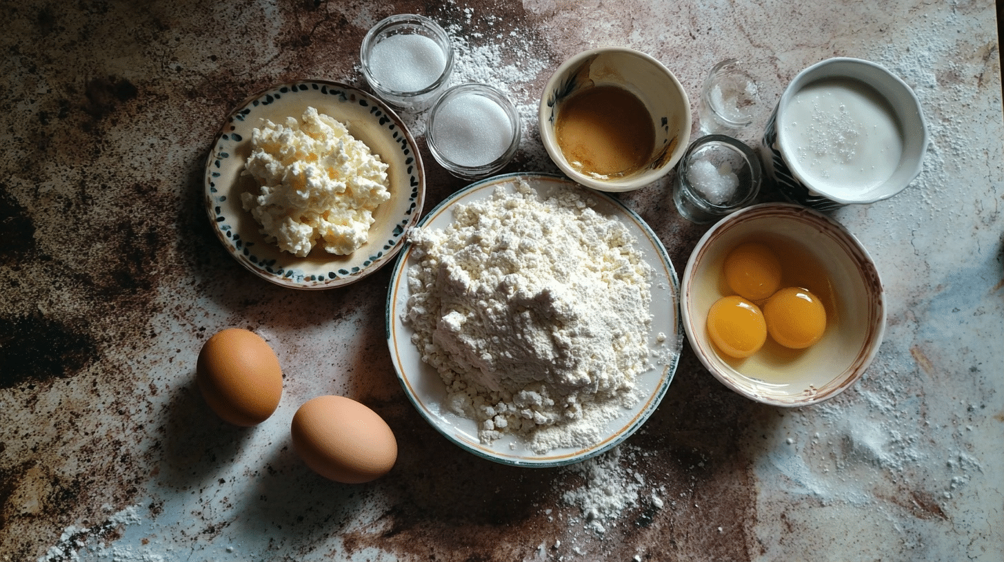 ingredients for cottage cheese pancakes laid out on marble countertop