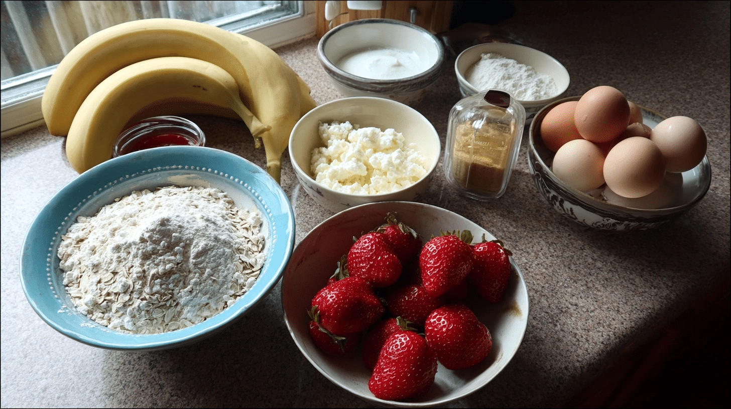 measured ingredients for pancake bites laid out on marble countertop
