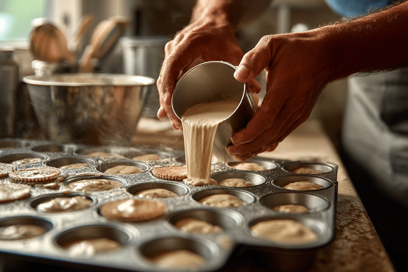 pouring batter into muffin tin
