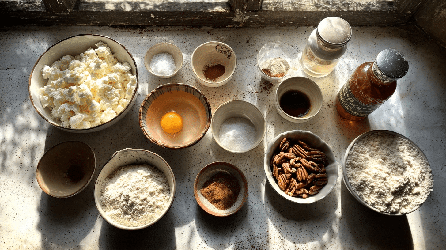 measured ingredients for pecan bites laid out on marble