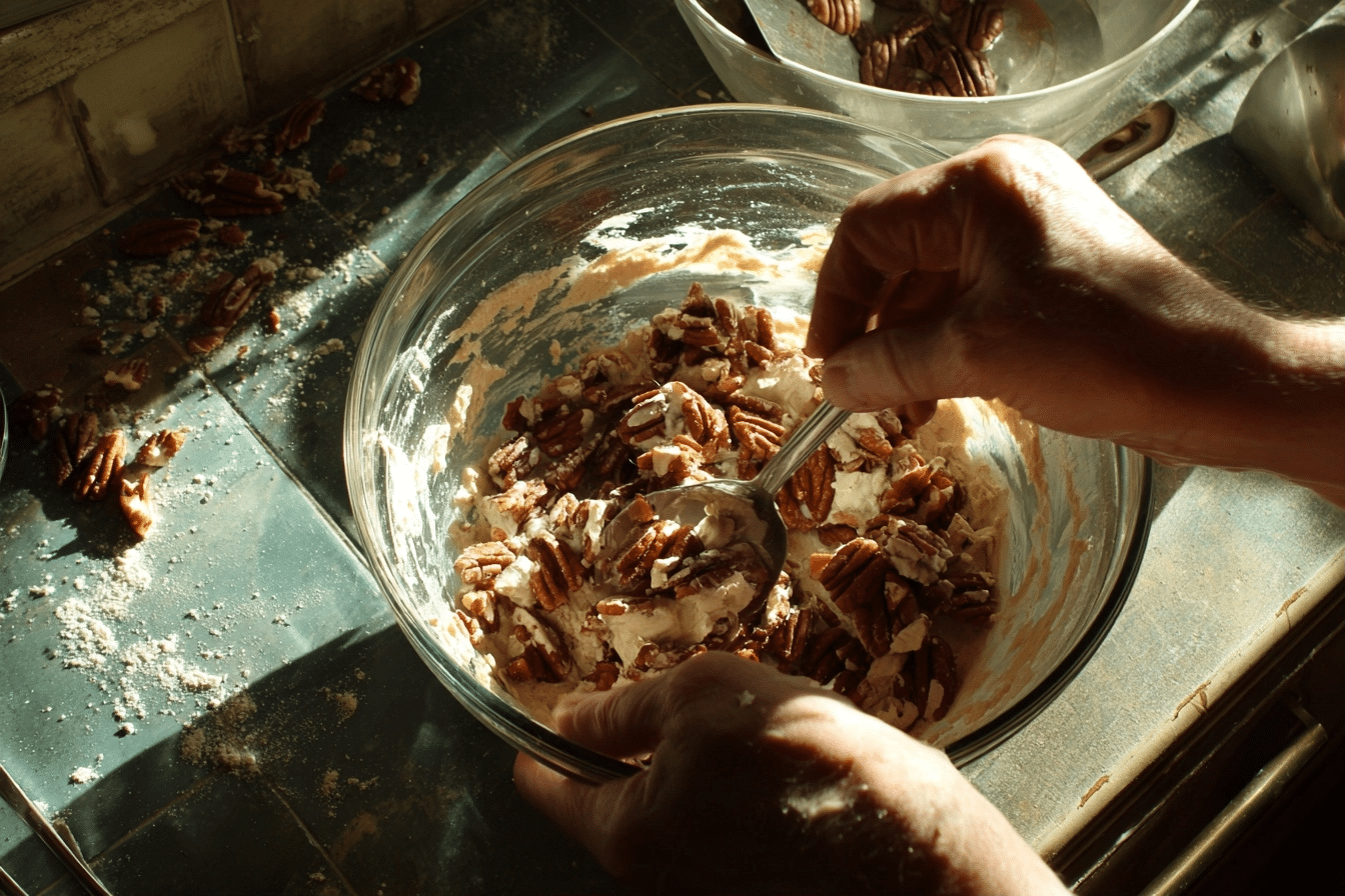 step-by-step process of mixing pecan bites batter