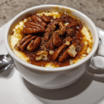 Cottage Cheese Pecan Pie Mug Cake Recipe 2 mug cake topped with pecans and maple drizzle