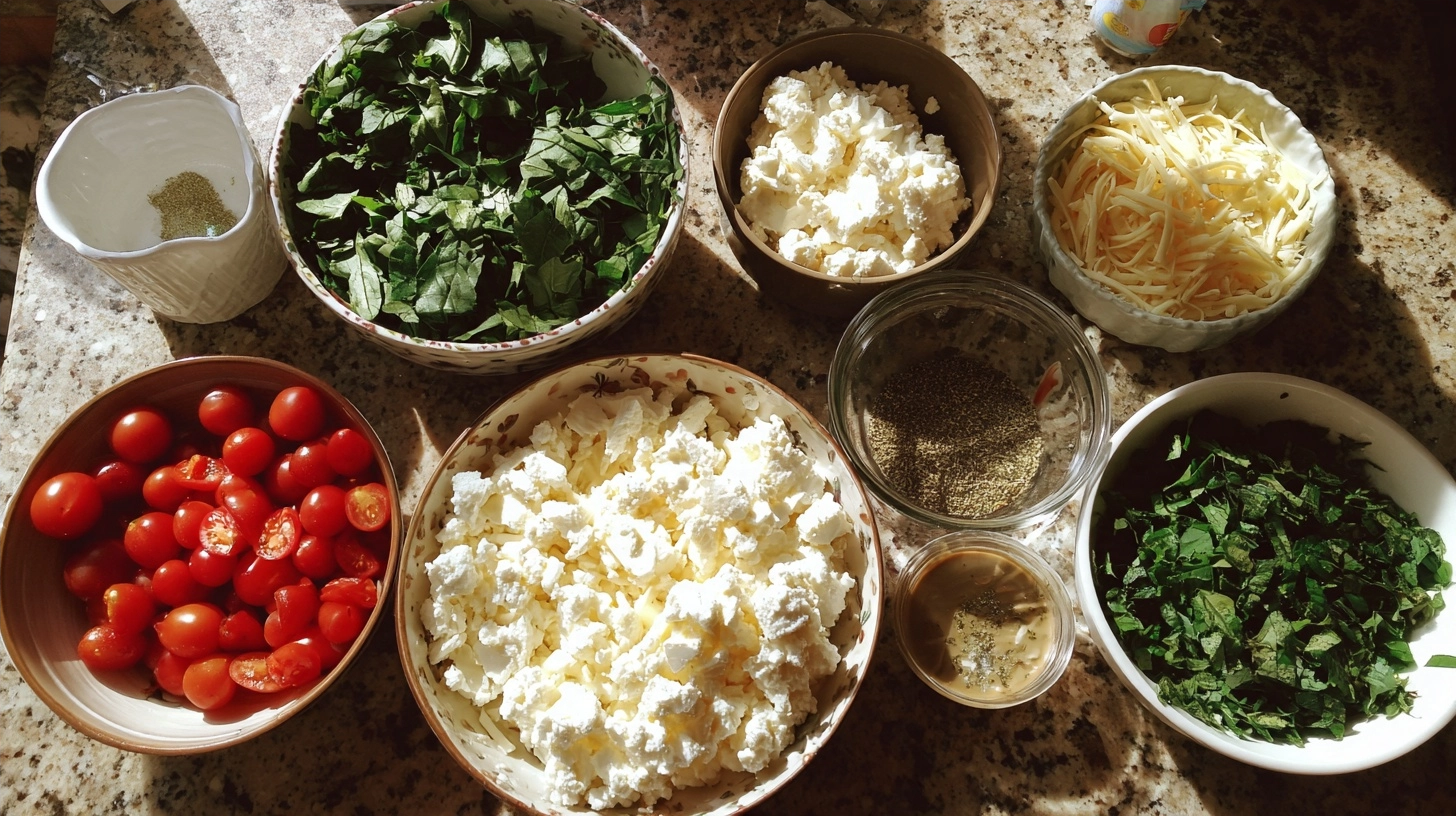 measured ingredients for cottage bake laid out on marble
