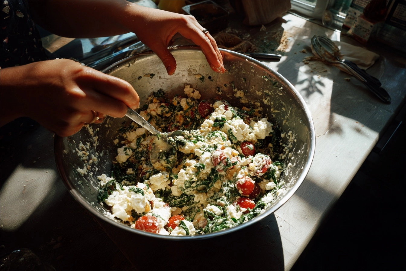 mixing cottage cheese and vegetables for cottage bake
