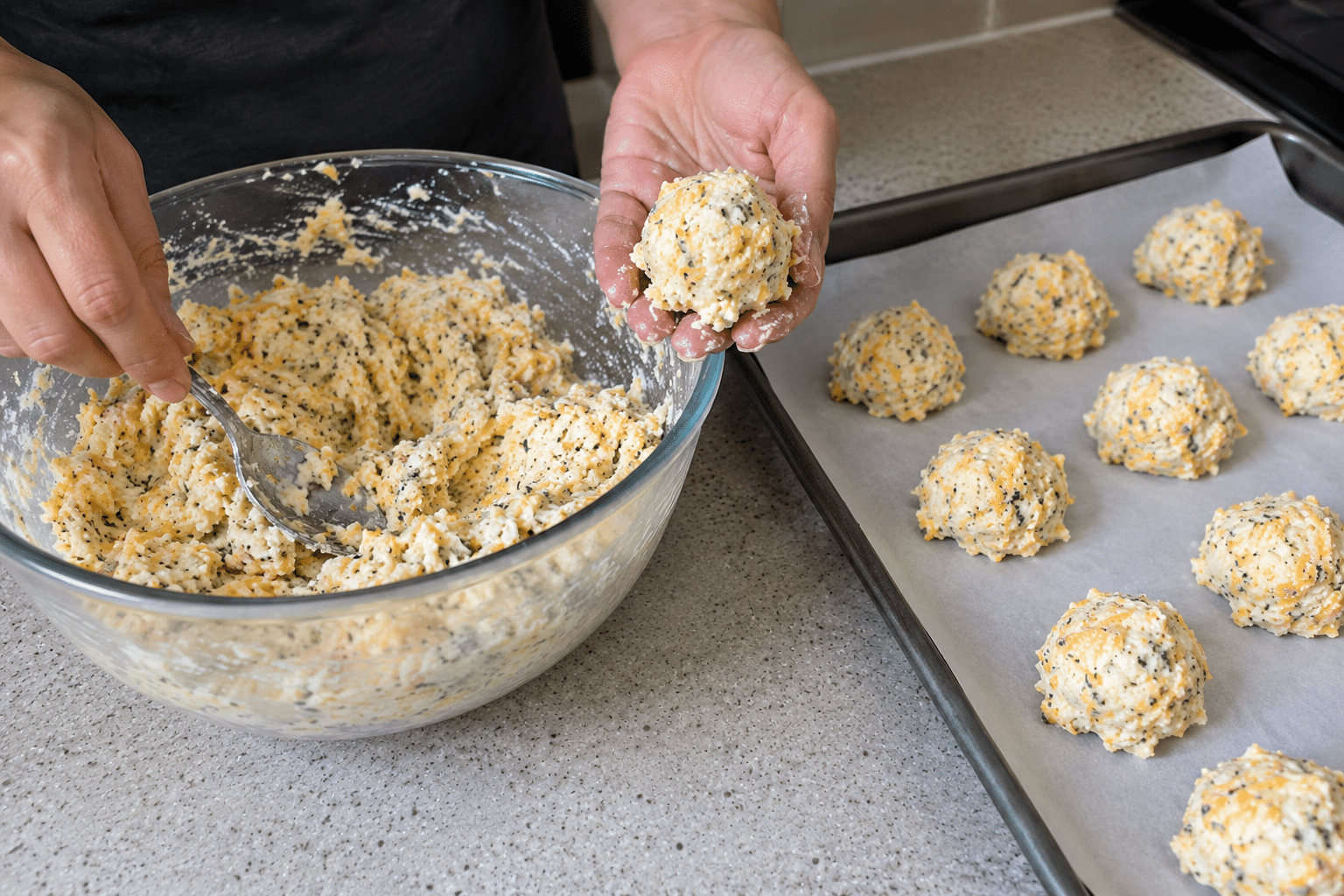 Scooping protein bites mixture onto a parchment-lined baking sheet