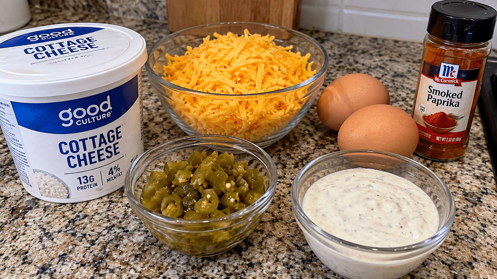 Cottage Bites Ingredients Ingredients for cottage bites laid out on marble